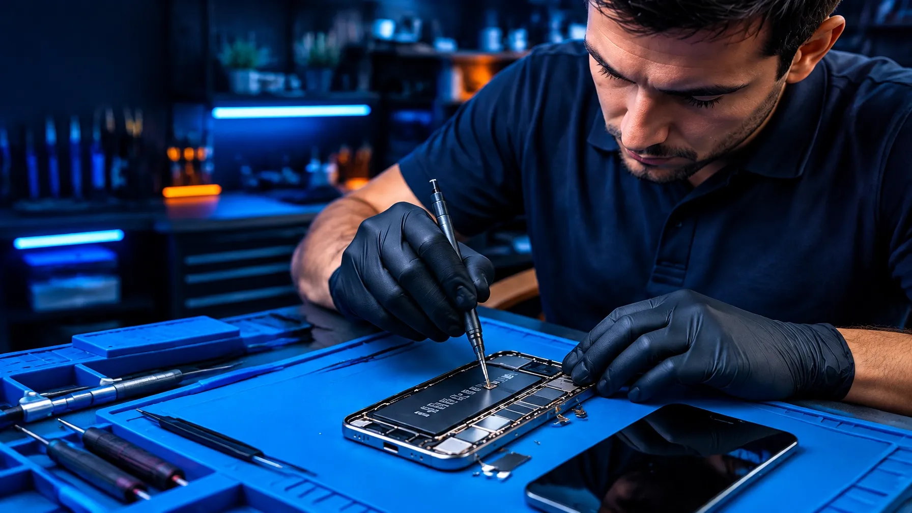 Technician carefully repairing a smartphone at a workbench